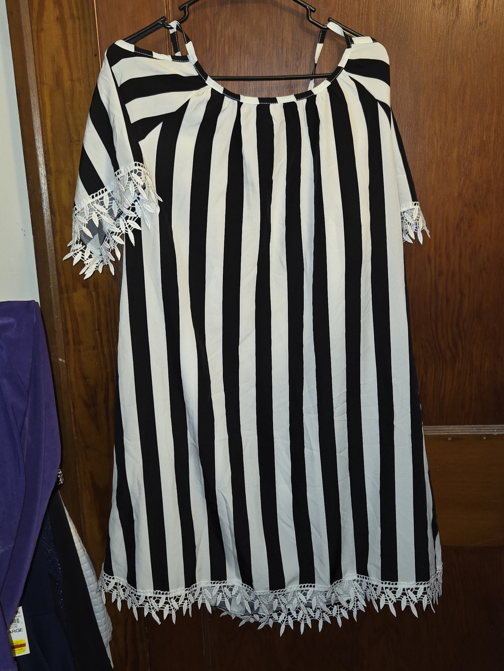 Elle Black and White Striped Midi Dress with Lace Trim